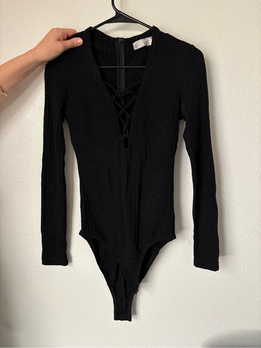 Black Ribbed Lace-Up Long Sleeve Bodysuit